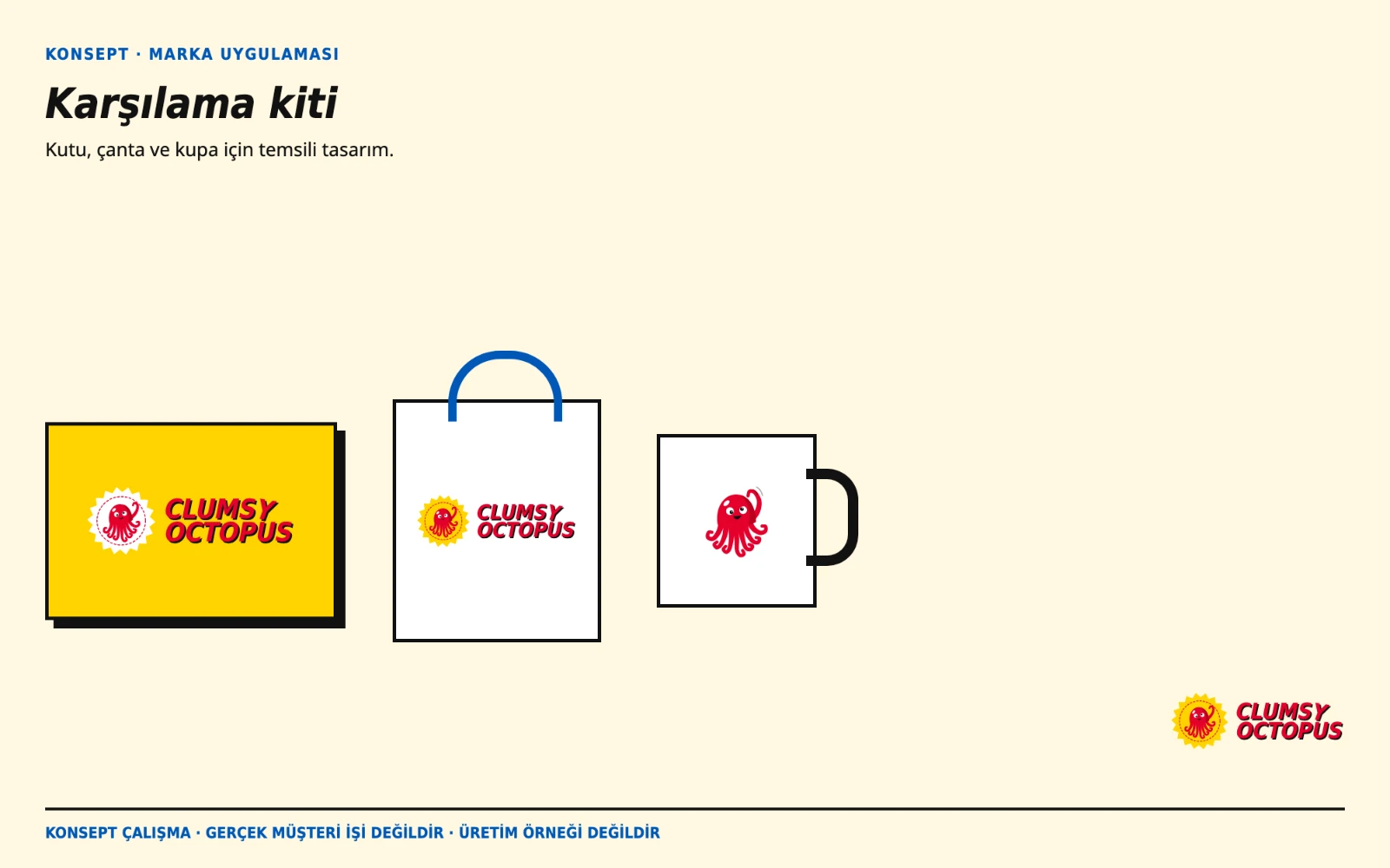 Illustrative box, tote bag and mug using the Clumsy Octopus identity.
